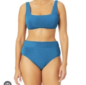 New 2pc Time and Tru Blue Ribbed Square Bikini Top High Waist Bottom 16 18 XL